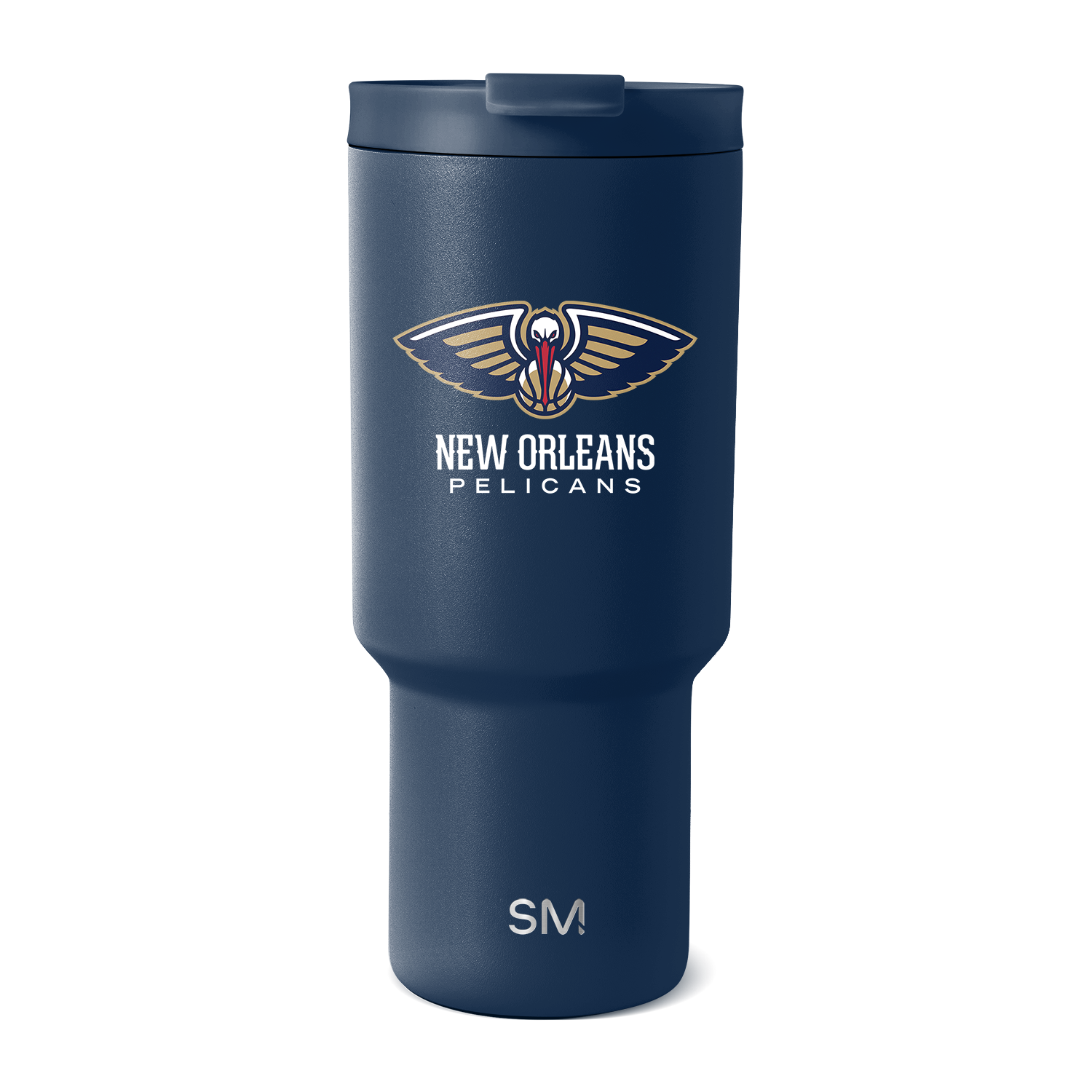 Deep navy blue insulated tumbler with matte finish and gold accents on winged logo and text