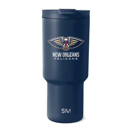 Deep navy blue insulated tumbler with matte finish and gold accents on winged logo and text