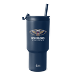 Navy blue drinkware with gold and cream logo accents, white text details