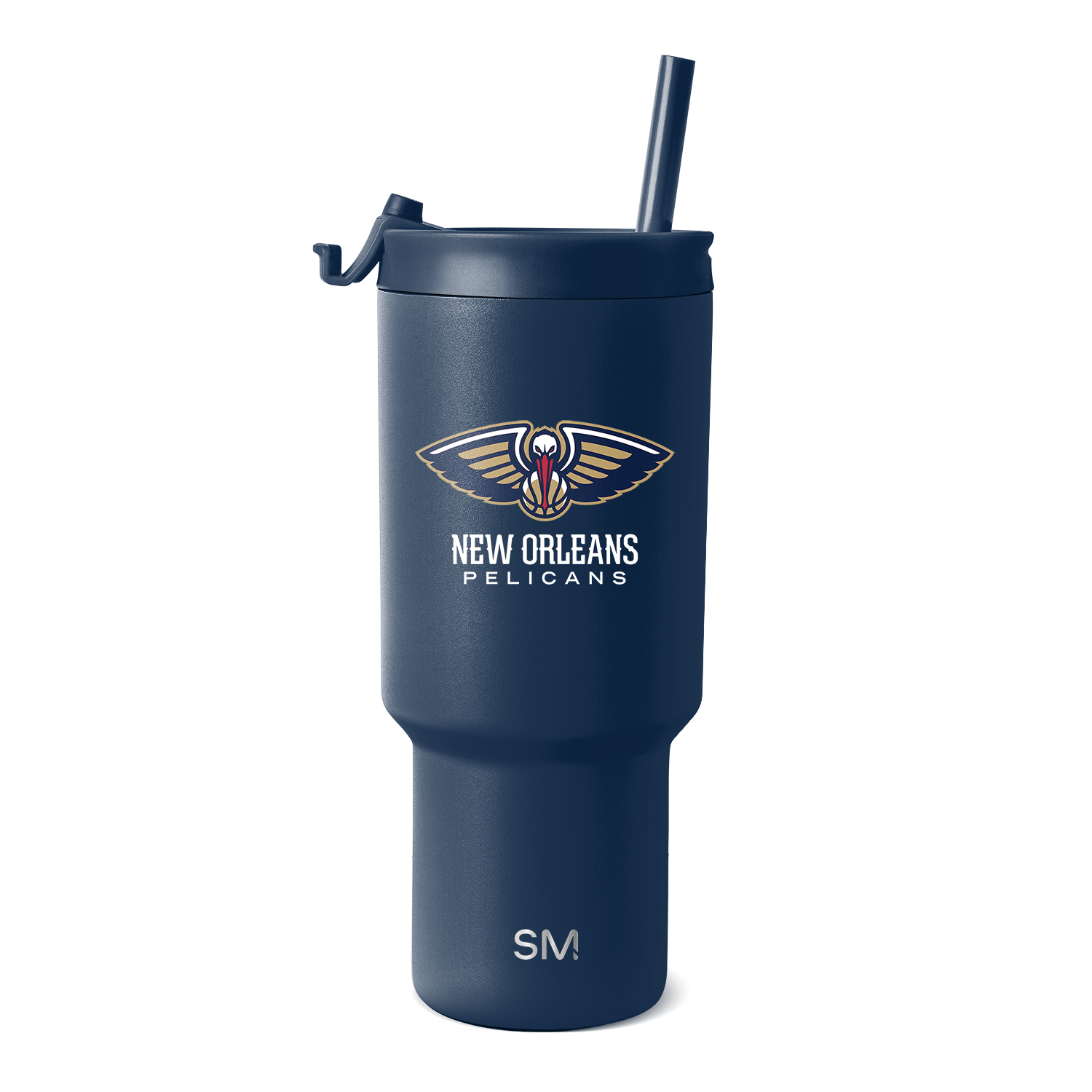 Navy blue drinkware with gold and cream logo accents, white text details