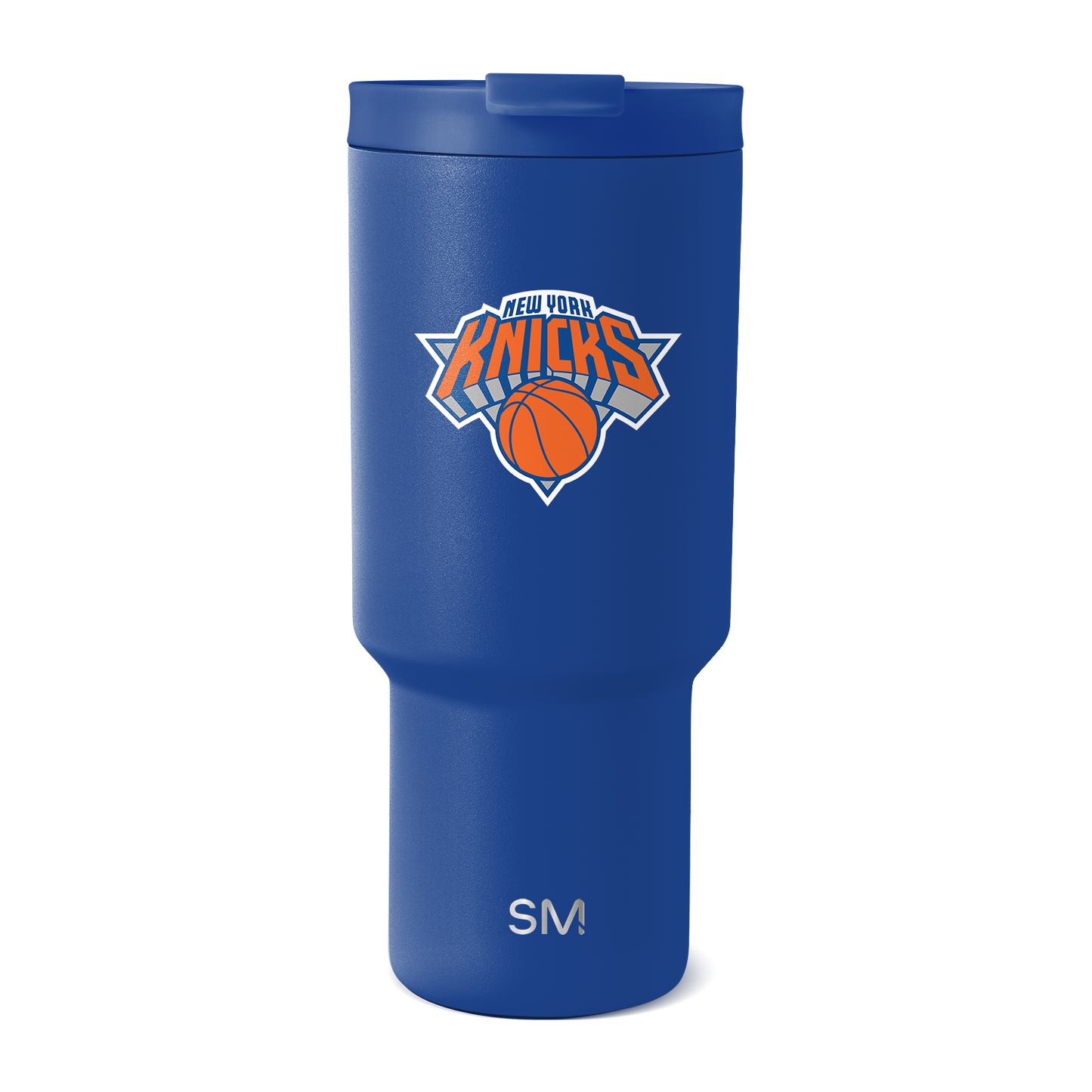 Royal blue metallic tumbler with white accents, featuring a pearlescent finish that catches light across the surface