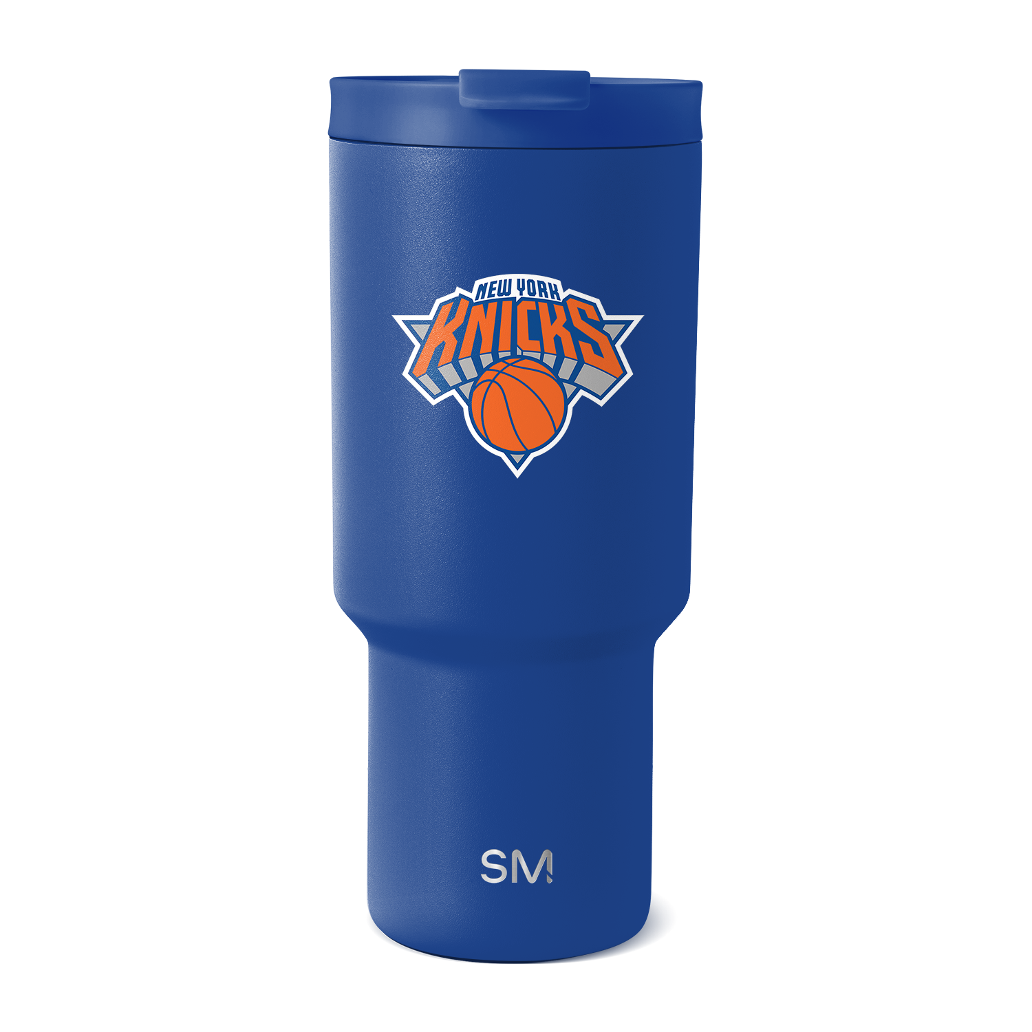 Royal blue metallic tumbler with white accents, featuring a pearlescent finish that catches light across the surface