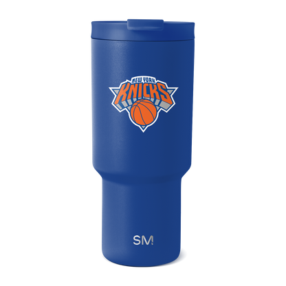 Royal blue metallic tumbler with white accents, featuring a pearlescent finish that catches light across the surface