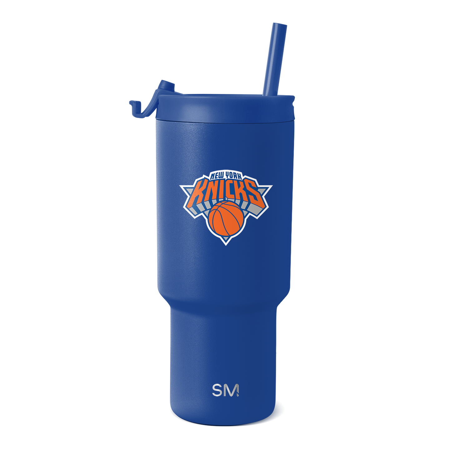 Royal blue tumbler with New York Knicks logo featuring orange and white design accents