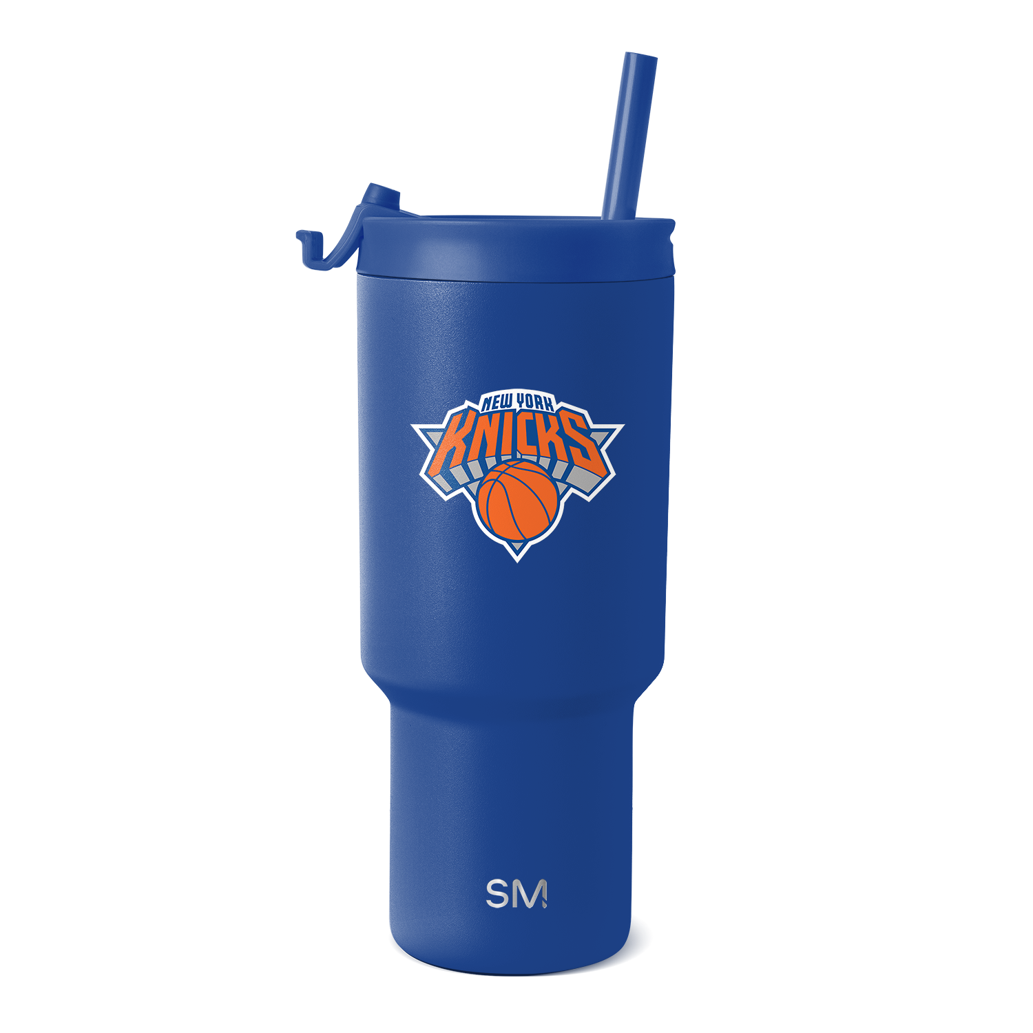 Royal blue tumbler with New York Knicks logo featuring orange and white design accents
