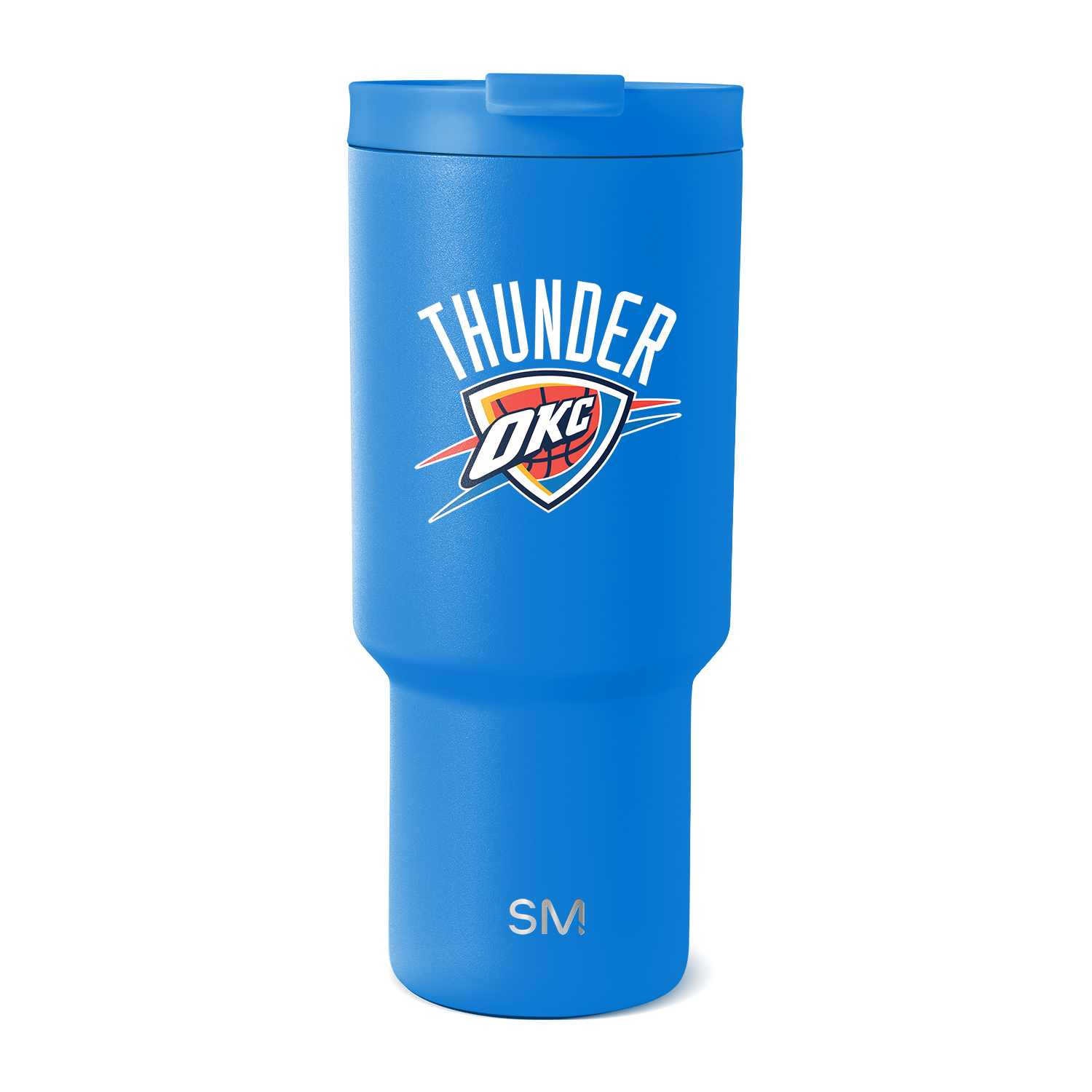 Bright blue insulated tumbler with tapered cylindrical shape and flat bottom, matte finish, on white background