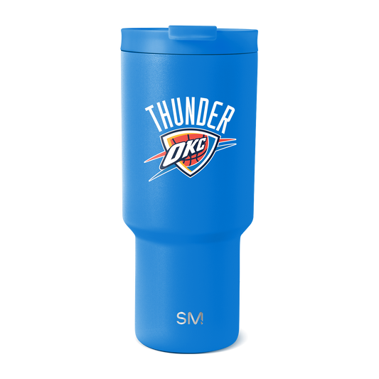 Bright blue insulated tumbler with tapered cylindrical shape and flat bottom, matte finish, on white background