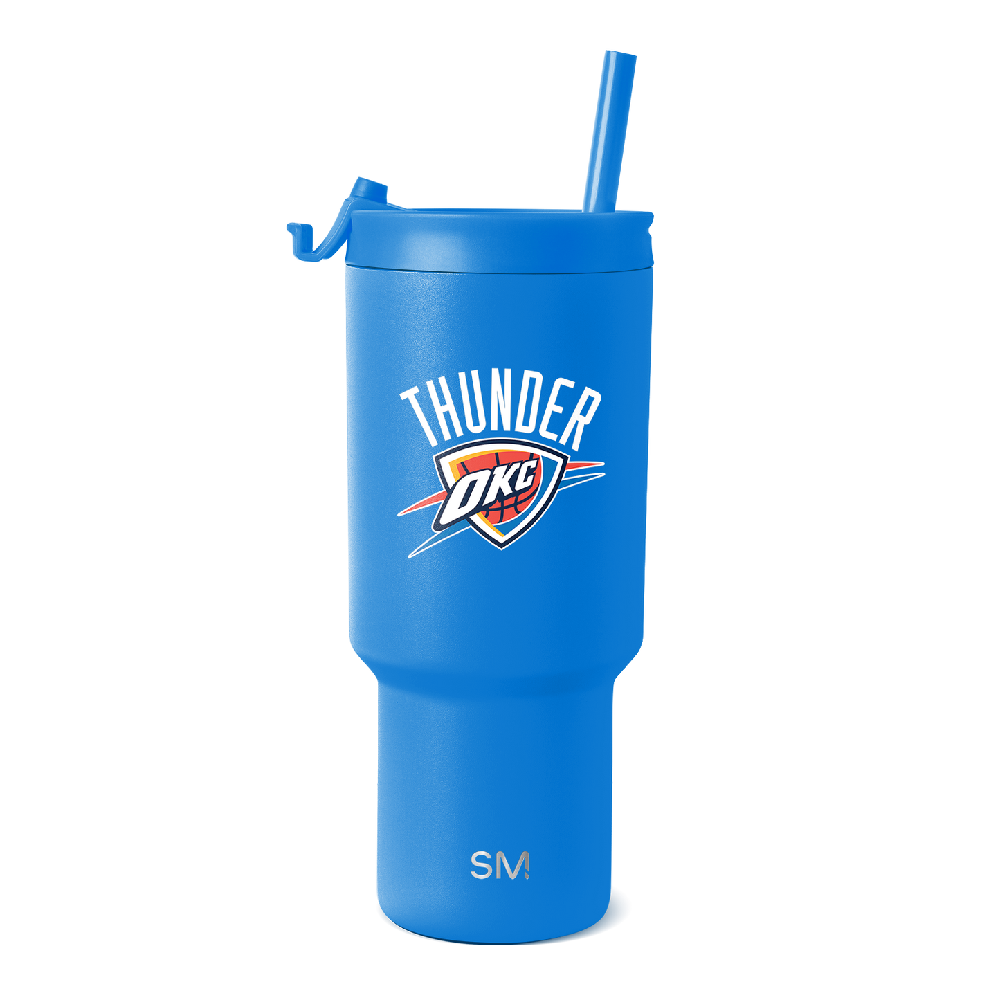 Royal blue insulated tumbler with white, red, orange, and navy blue design accents on cylindrical body