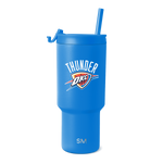 Royal blue insulated tumbler with white, red, orange, and navy blue design accents on cylindrical body