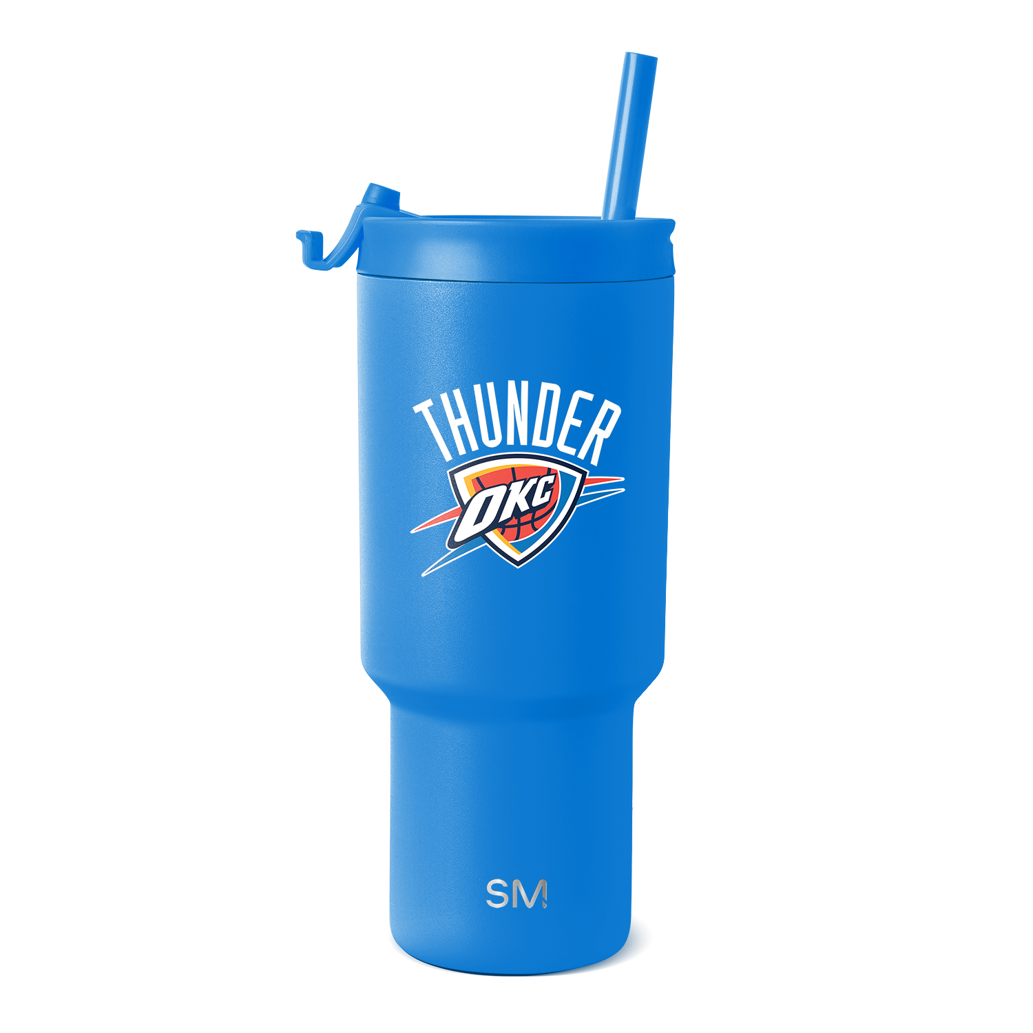 Royal blue insulated tumbler with white, red, orange, and navy blue design accents on cylindrical body