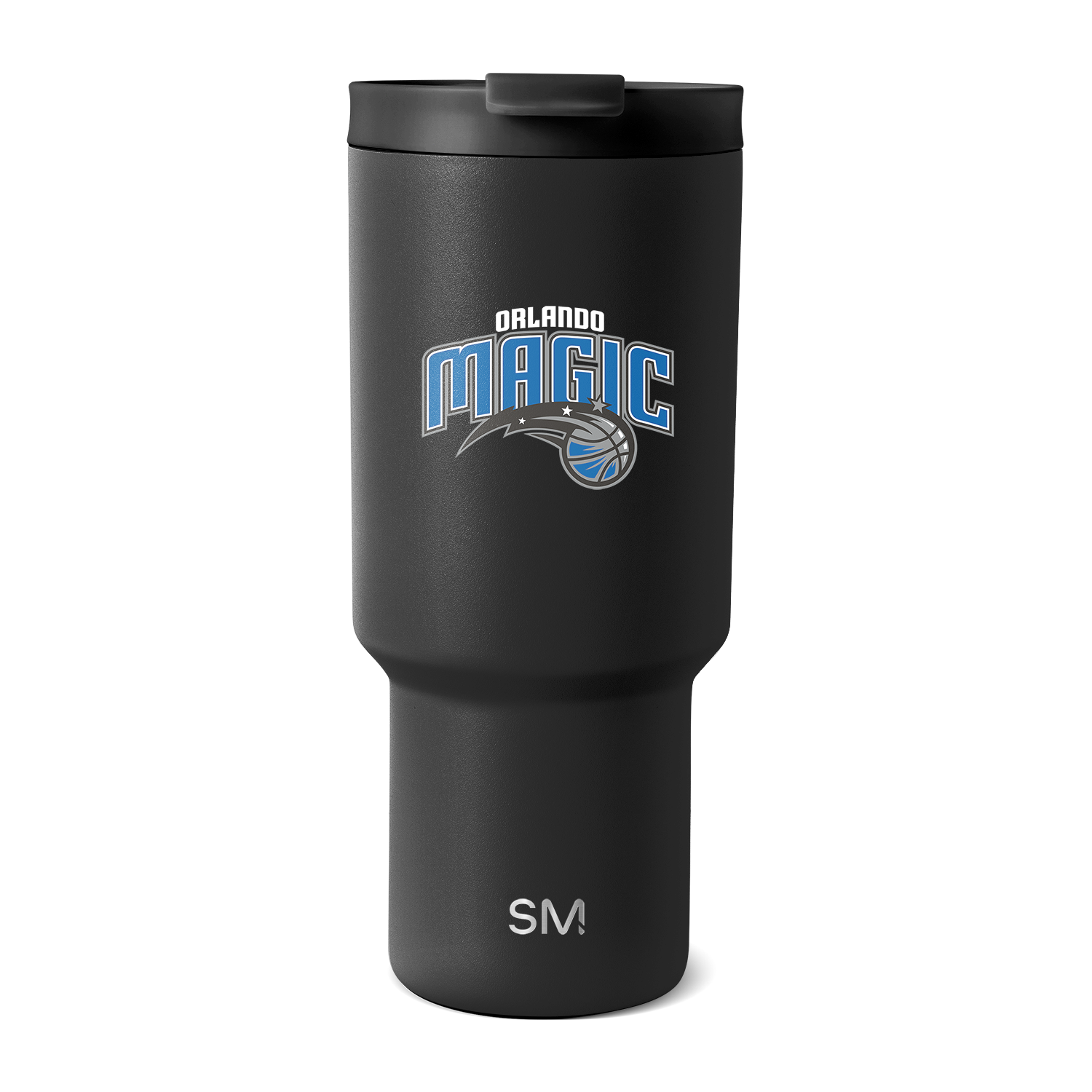 Matte black tumbler with bright blue and white Orlando Magic logo and SM branding accents
