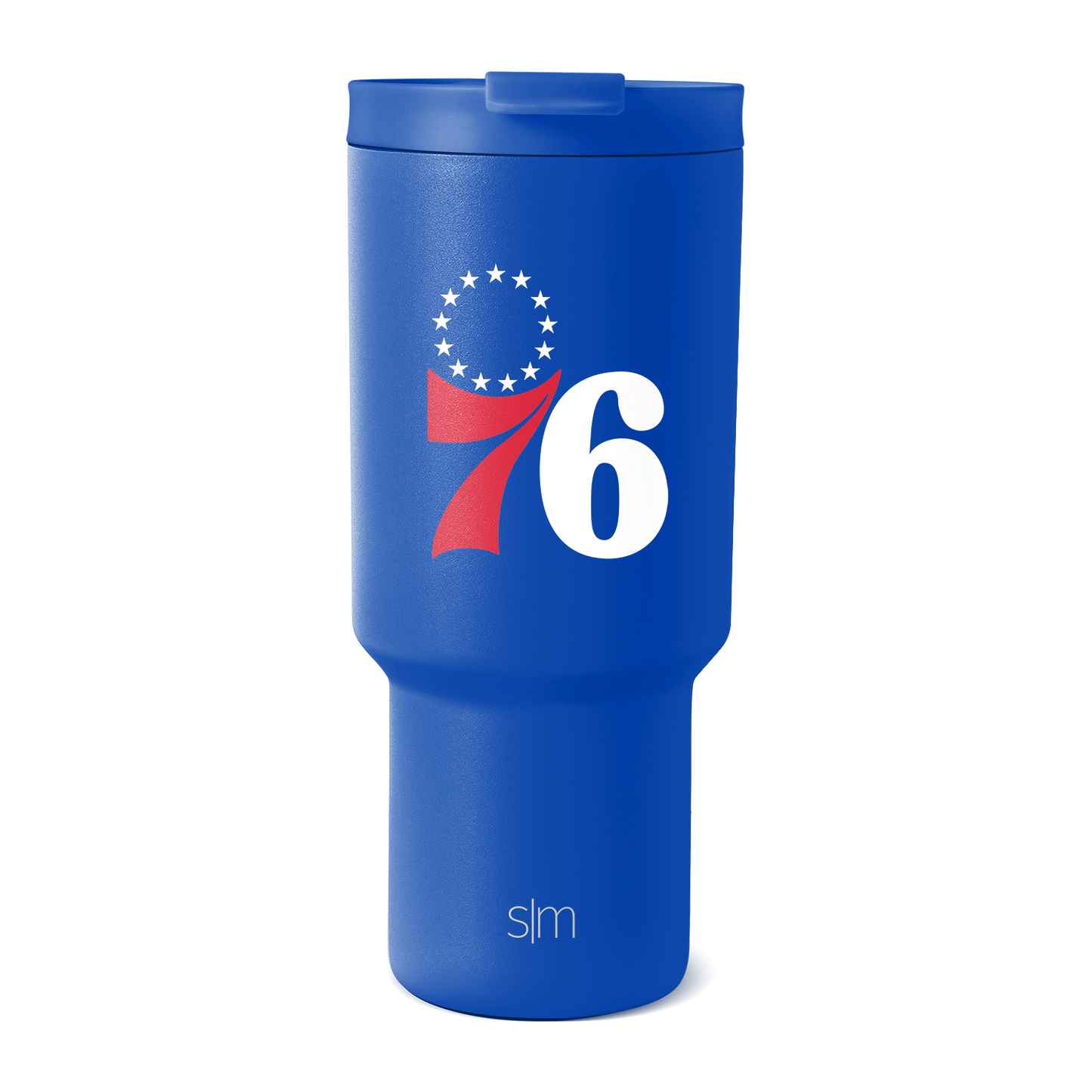 Royal blue insulated tumbler with white text, graphic logo, and red accents in patriotic design