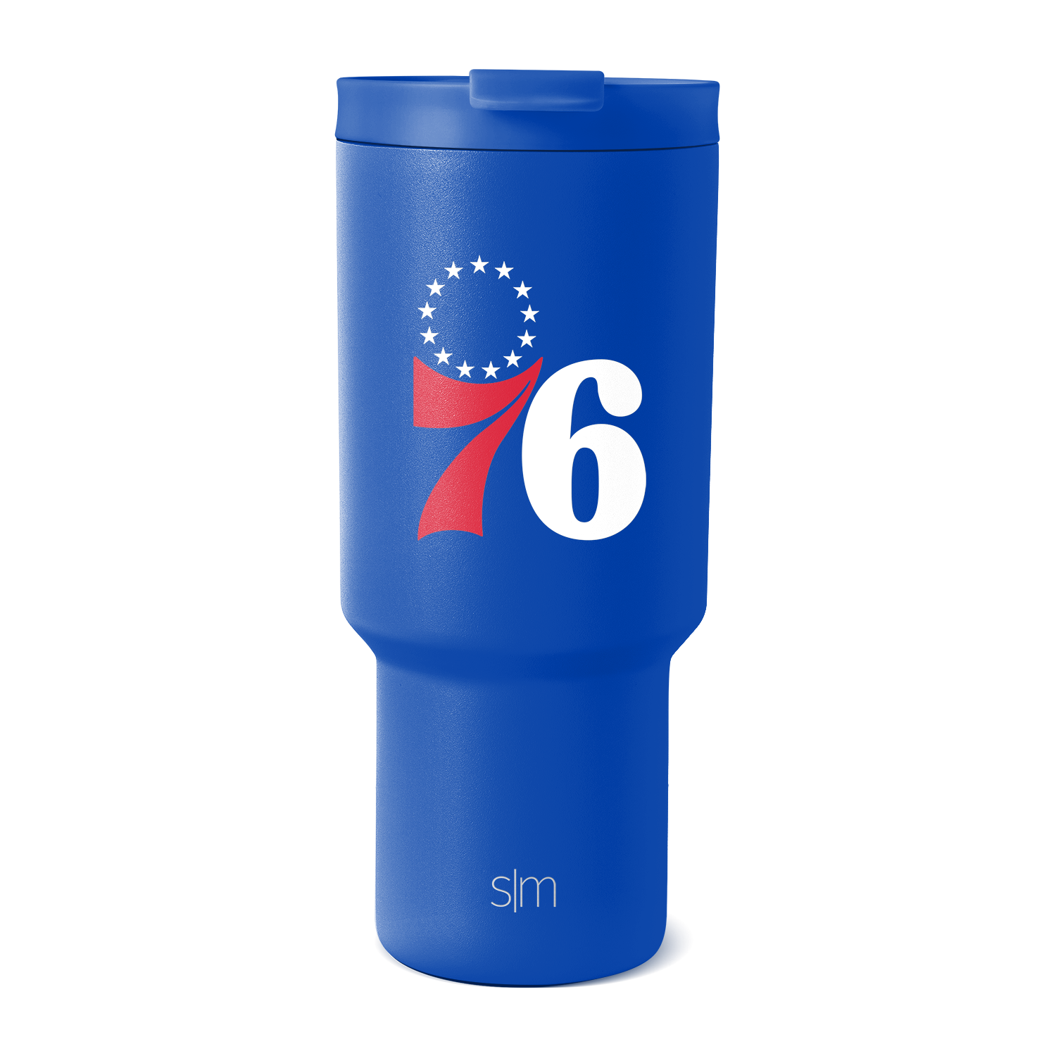 Royal blue insulated tumbler with white text, graphic logo, and red accents in patriotic design
