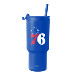 Royal blue tumbler with white text and red swoosh design element