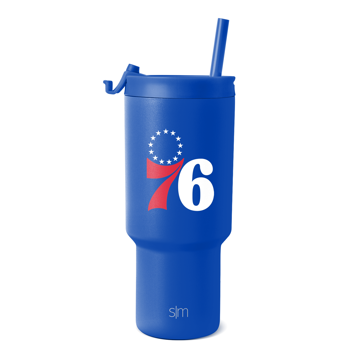 Royal blue tumbler with white text and red swoosh design element