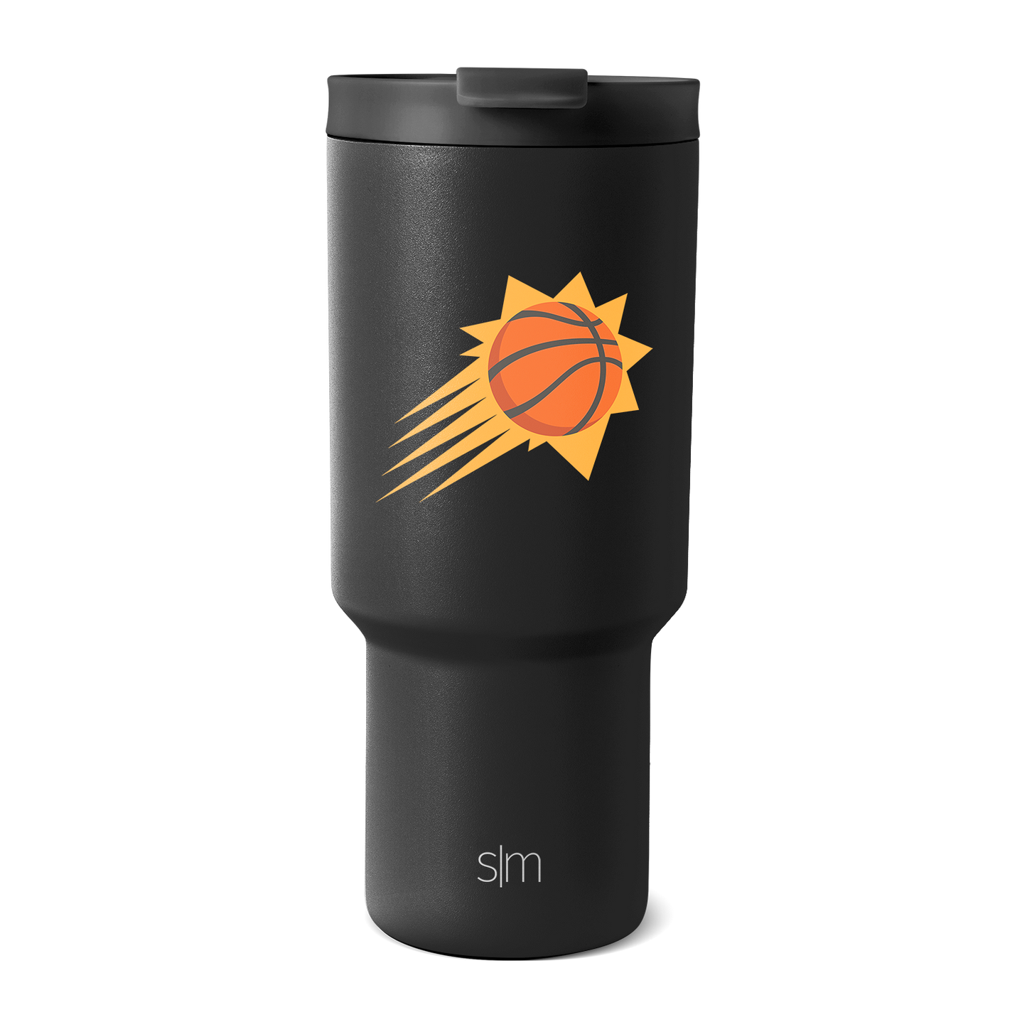 Matte black tumbler with bright orange basketball and golden yellow design elements, modern sleek style