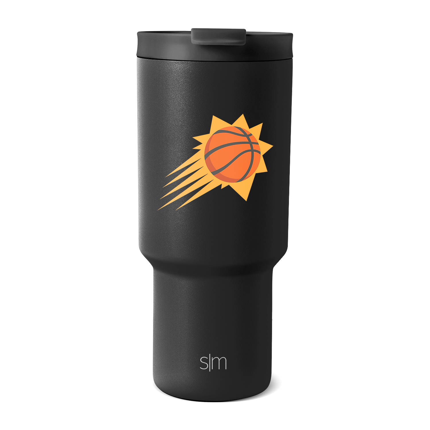 Matte black tumbler with bright orange basketball and golden yellow design elements, modern sleek style