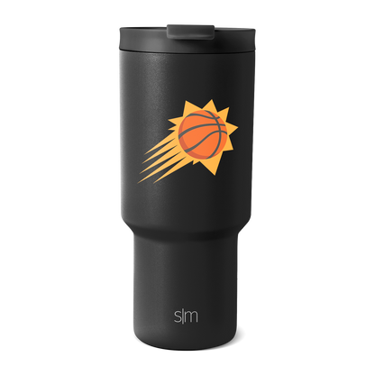 Matte black tumbler with bright orange basketball and golden yellow design elements, modern sleek style