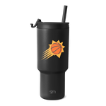 Matte black tumbler with vibrant orange and yellow Phoenix team logo featuring a golden yellow sunburst design