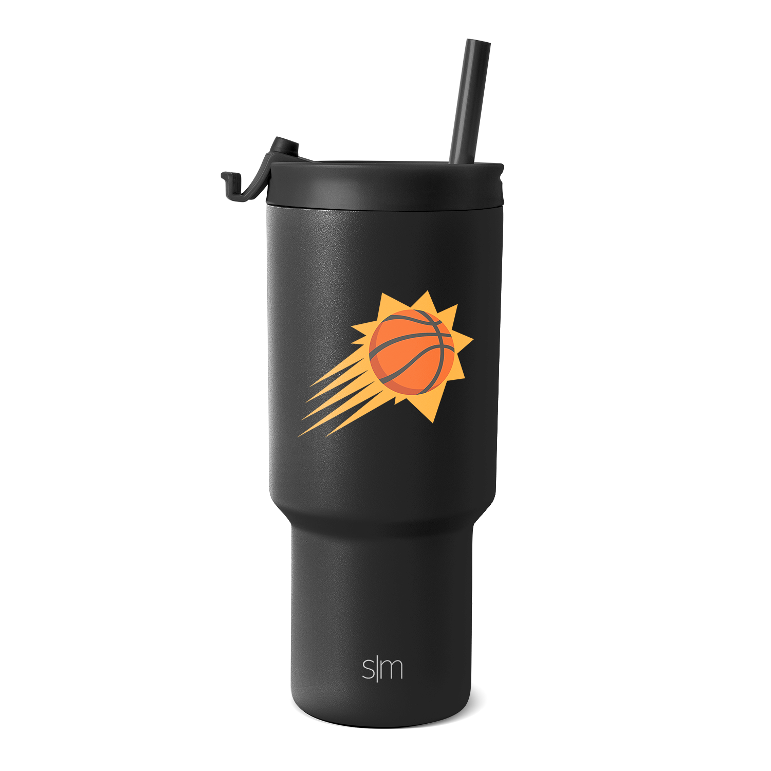 Matte black tumbler with vibrant orange and yellow Phoenix team logo featuring a golden yellow sunburst design