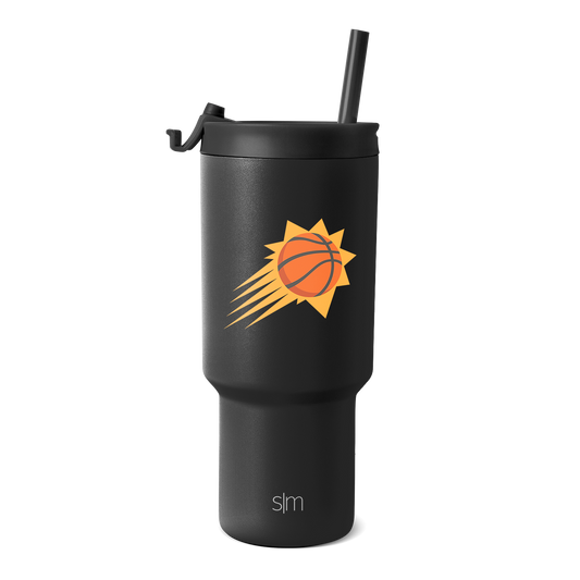 Matte black tumbler with vibrant orange and yellow Phoenix team logo featuring a golden yellow sunburst design