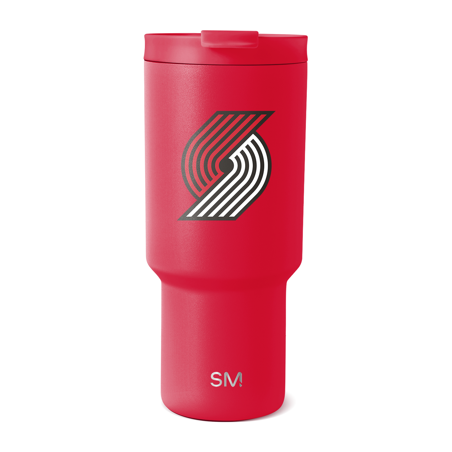 Cherry red insulated tumbler with tapered cylindrical design, wider upper chamber and narrower base, photographed against white background.