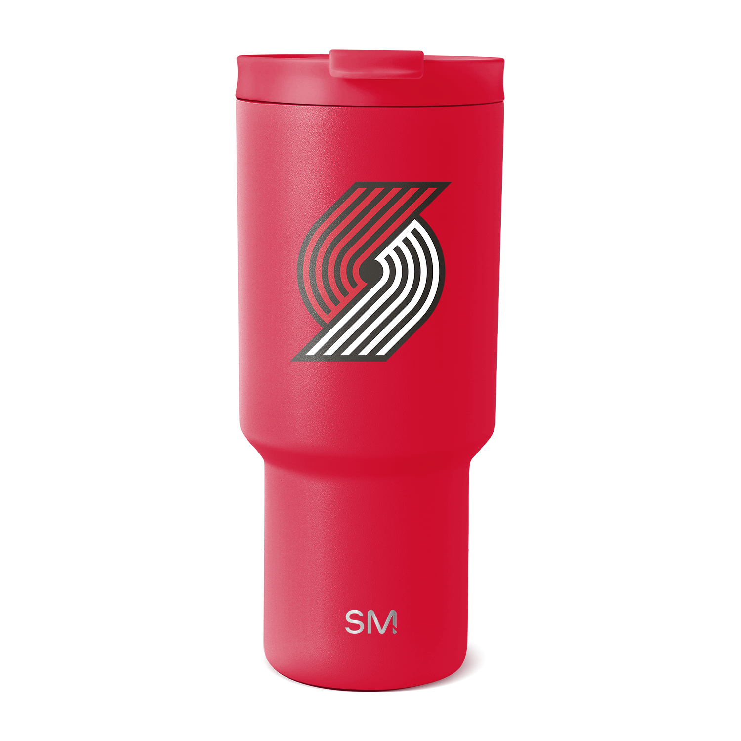 Cherry red insulated tumbler with tapered cylindrical design, wider upper chamber and narrower base, photographed against white background.