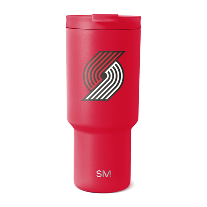Cherry red insulated tumbler with tapered cylindrical design, wider upper chamber and narrower base, photographed against white background.