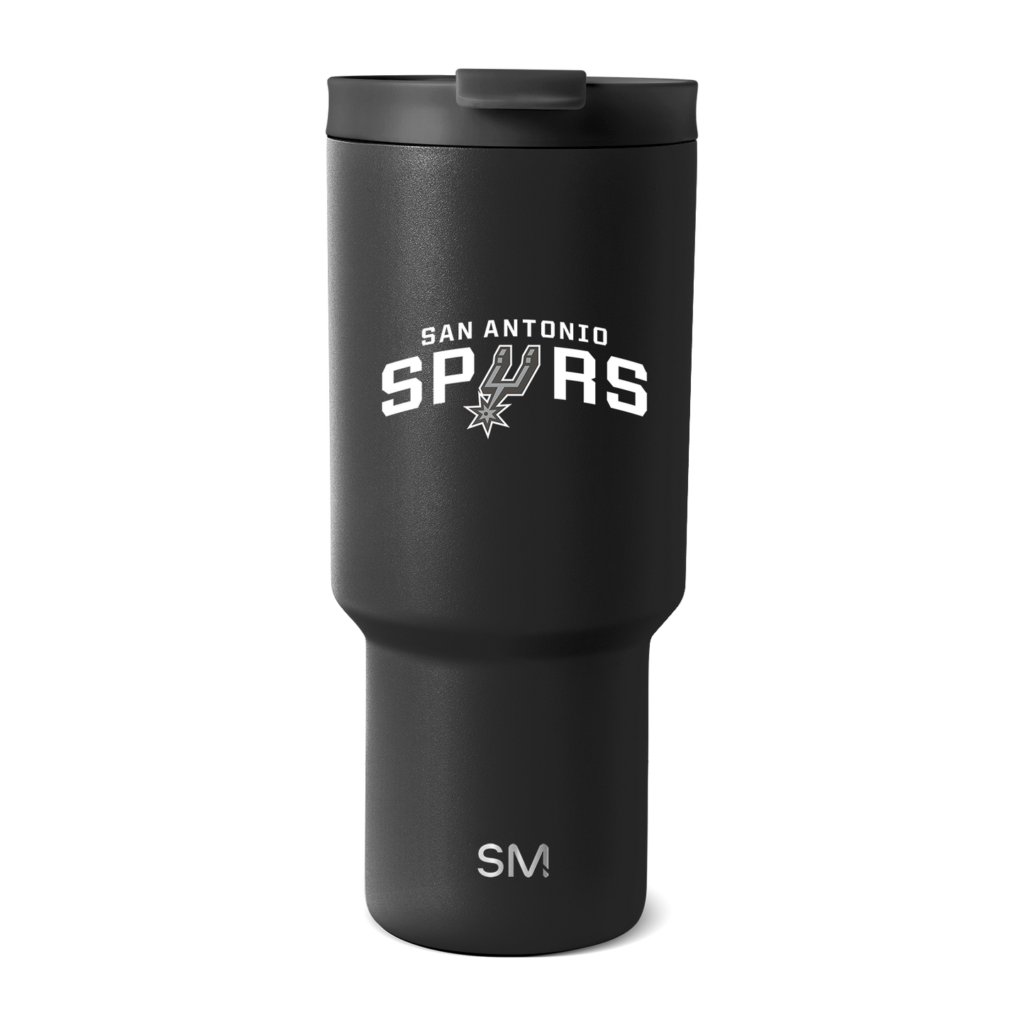 Black matte textured tumbler with metallic finish and white accents