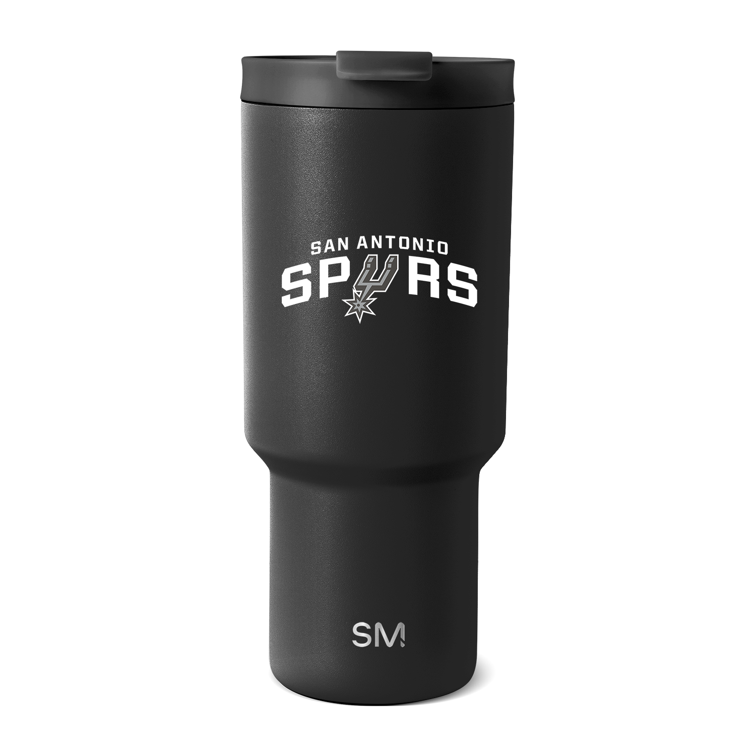 Black matte textured tumbler with metallic finish and white accents