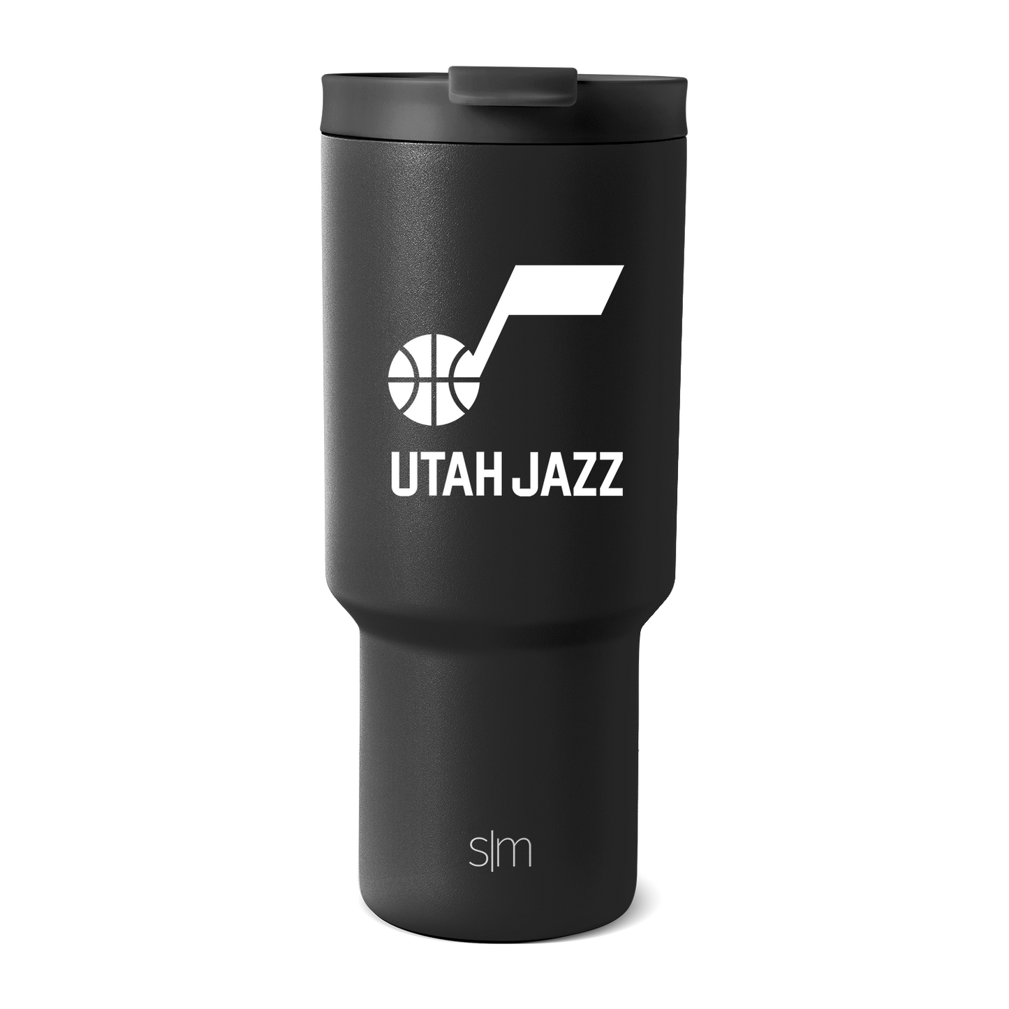 Charcoal gray tumbler with white graphics and text detailing, model TRK-F-30-B-UTA