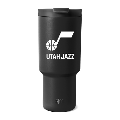 Charcoal gray tumbler with white graphics and text detailing, model TRK-F-30-B-UTA