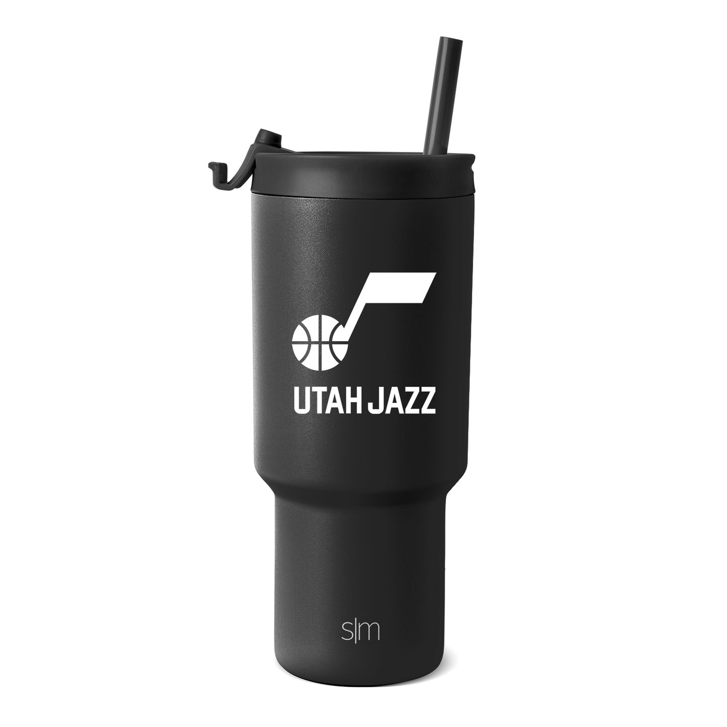 Matte black insulated tumbler with matching black straw and lid cap, featuring a cylindrical design with charcoal undertone for a monochromatic look.