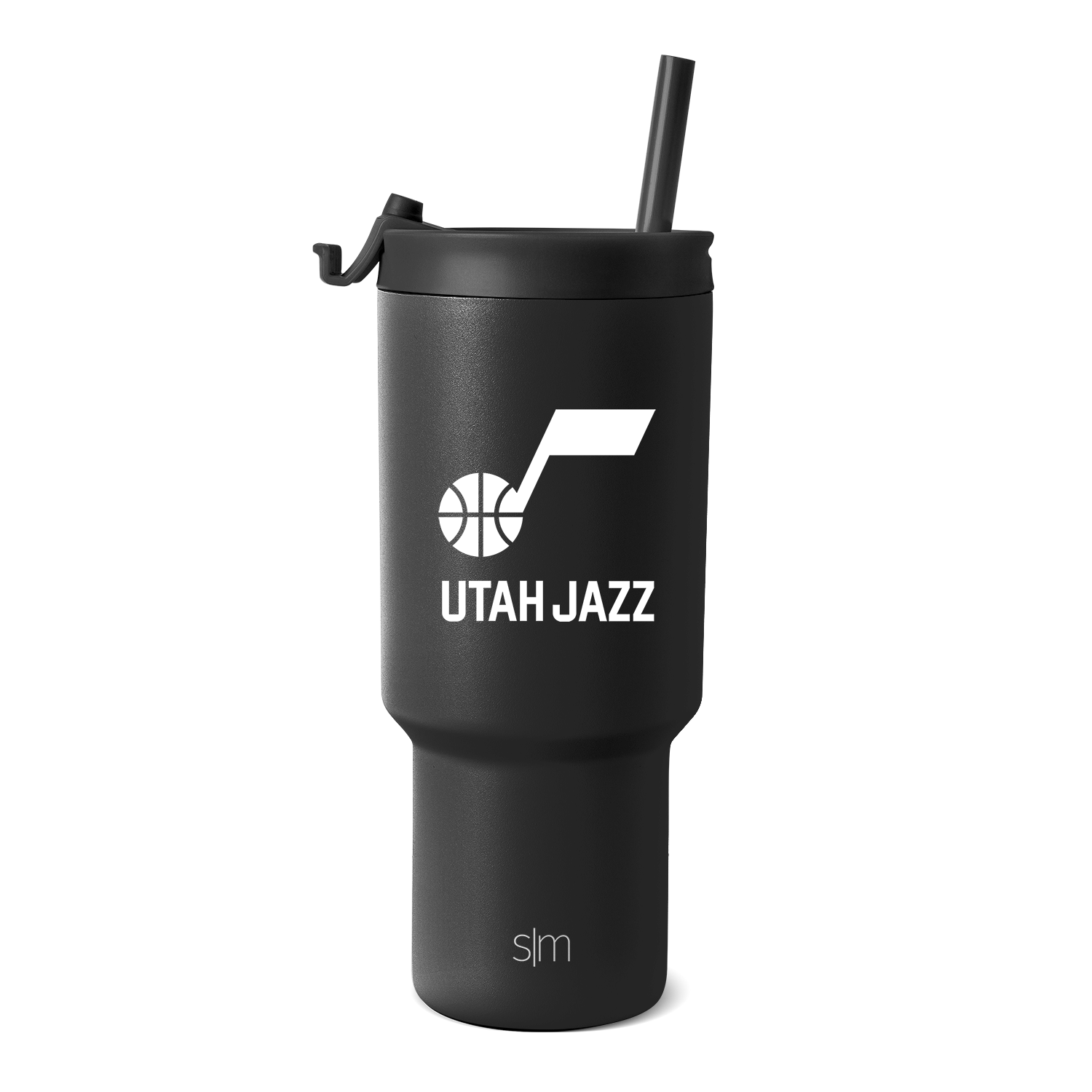 Matte black insulated tumbler with matching black straw and lid cap, featuring a cylindrical design with charcoal undertone for a monochromatic look.