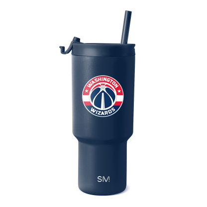 Deep navy blue tumbler with Washington Wizards logo featuring red, white, and navy circular team design