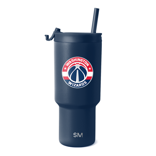 Deep navy blue tumbler with Washington Wizards logo featuring red, white, and navy circular team design