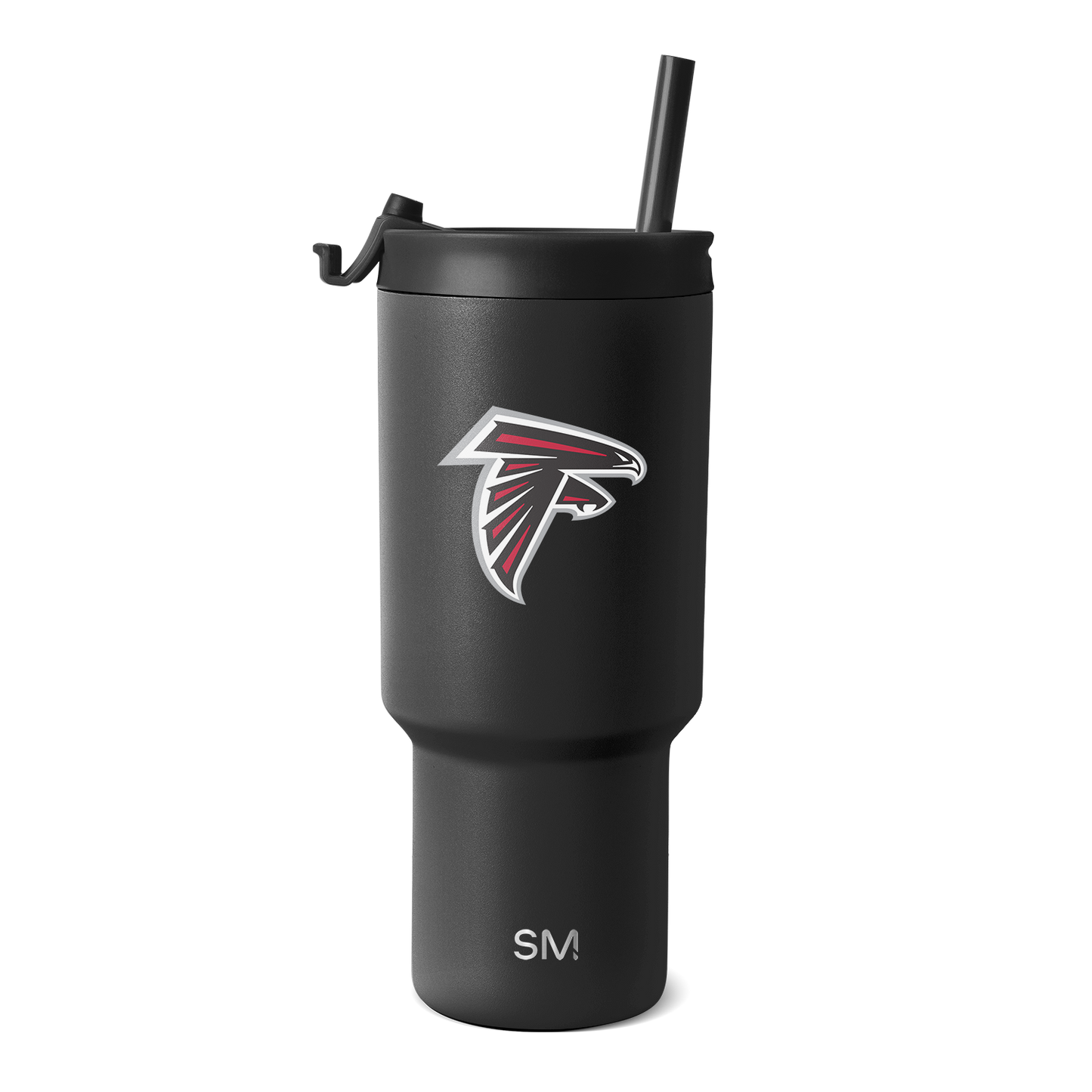 Matte black tumbler with Atlanta Falcons logo featuring red and white accents
