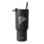 Matte black tumbler with Atlanta Falcons logo featuring red and white accents