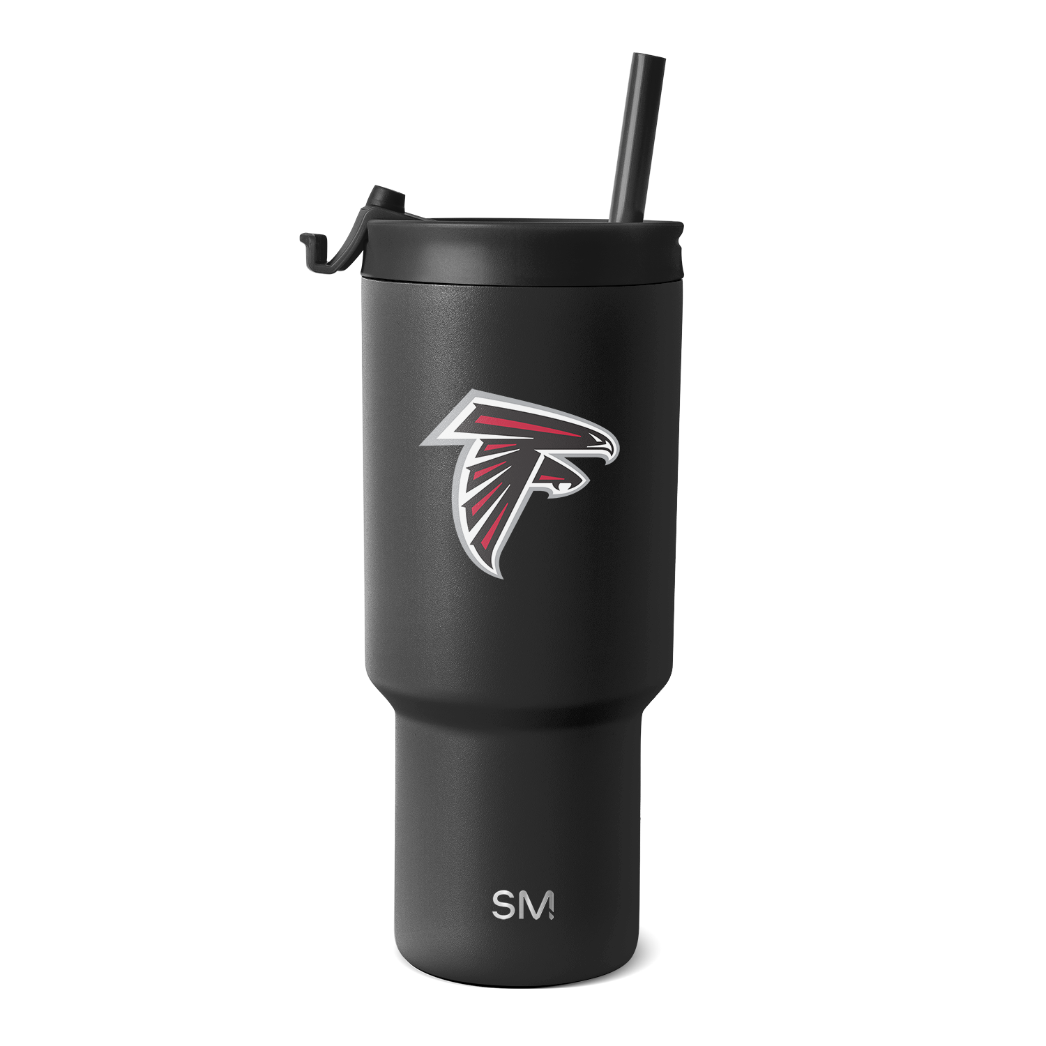 Matte black tumbler with Atlanta Falcons logo featuring red and white accents