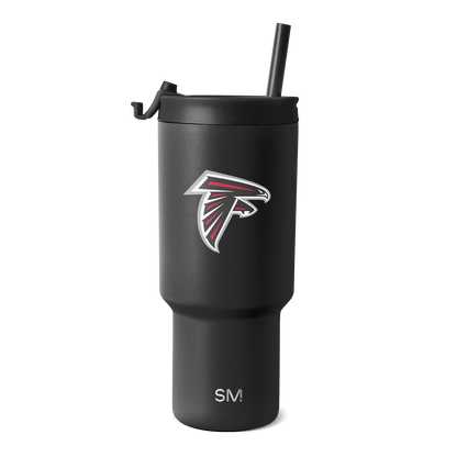 Matte black tumbler with Atlanta Falcons logo featuring red and white accents