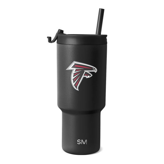 Matte black tumbler with Atlanta Falcons logo featuring red and white accents
