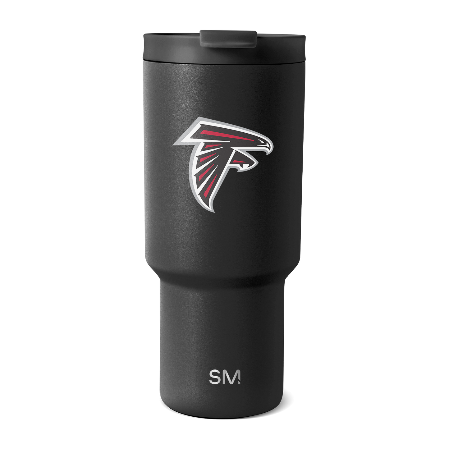 Matte charcoal black cylindrical tumbler with tapered body and dark lid on white background