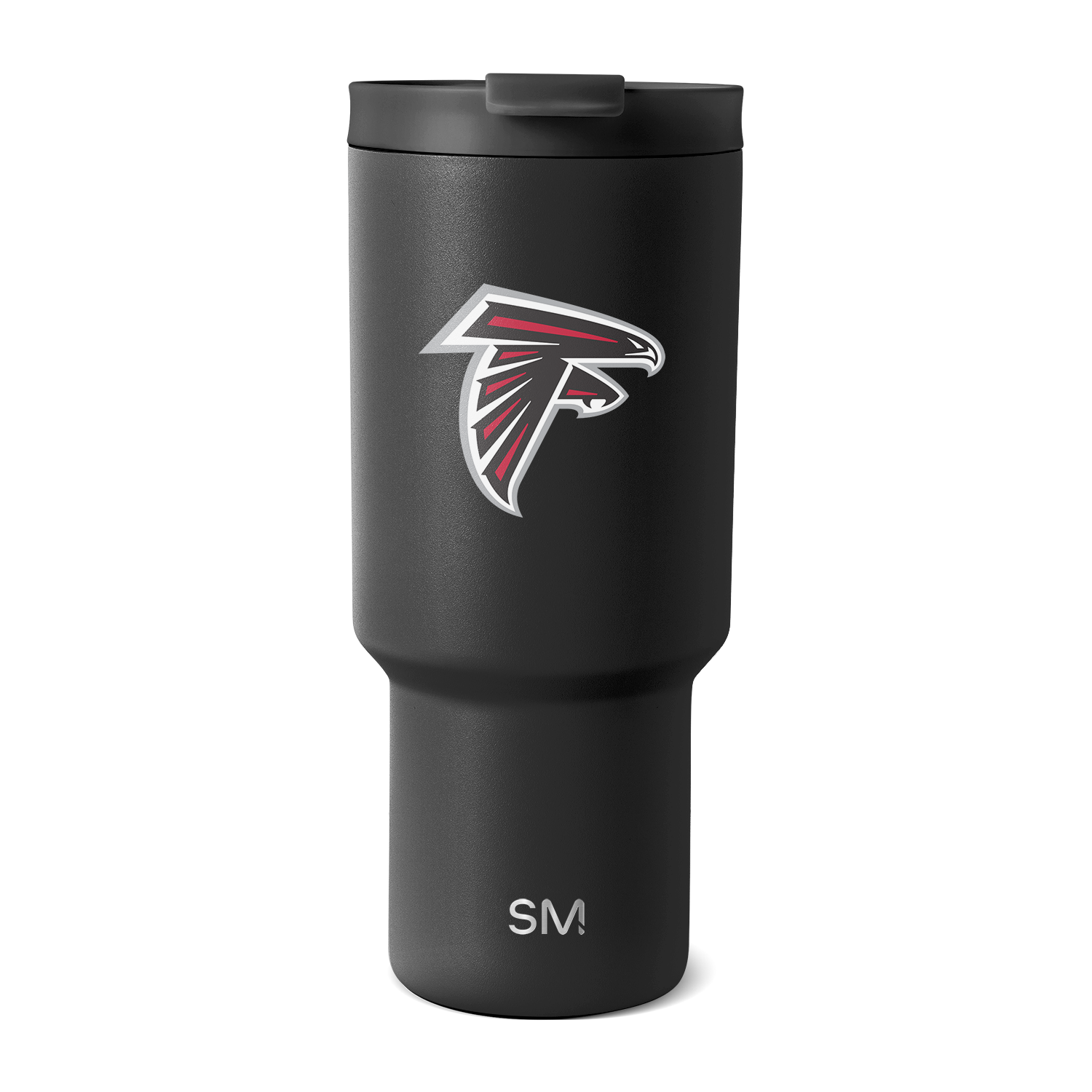 Matte charcoal black cylindrical tumbler with tapered body and dark lid on white background