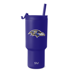 Purple insulated tumbler with large team logo featuring stylized raven head in purple, gold, and white