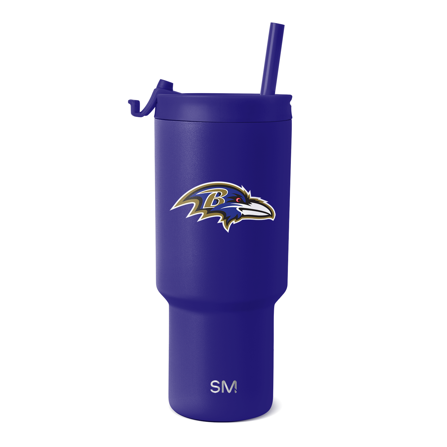 Purple insulated tumbler with large team logo featuring stylized raven head in purple, gold, and white