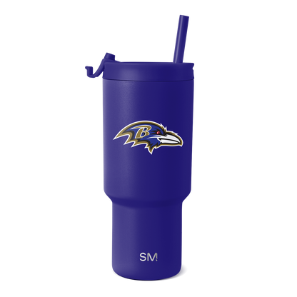 Purple insulated tumbler with large team logo featuring stylized raven head in purple, gold, and white