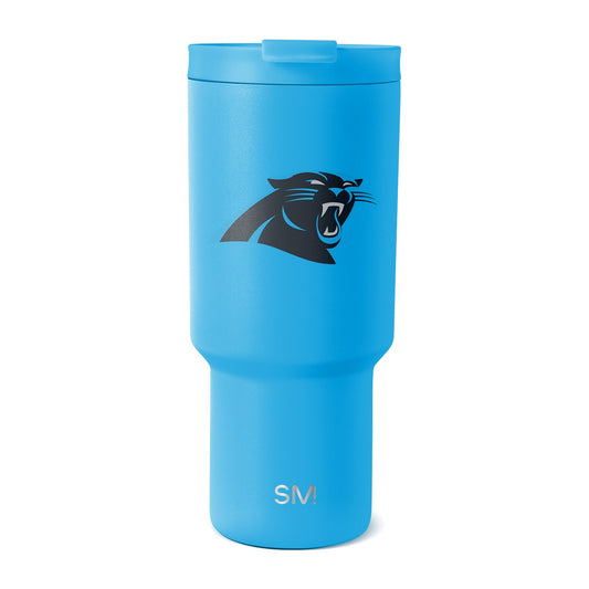 Carolina blue tumbler with black panther logo and lid