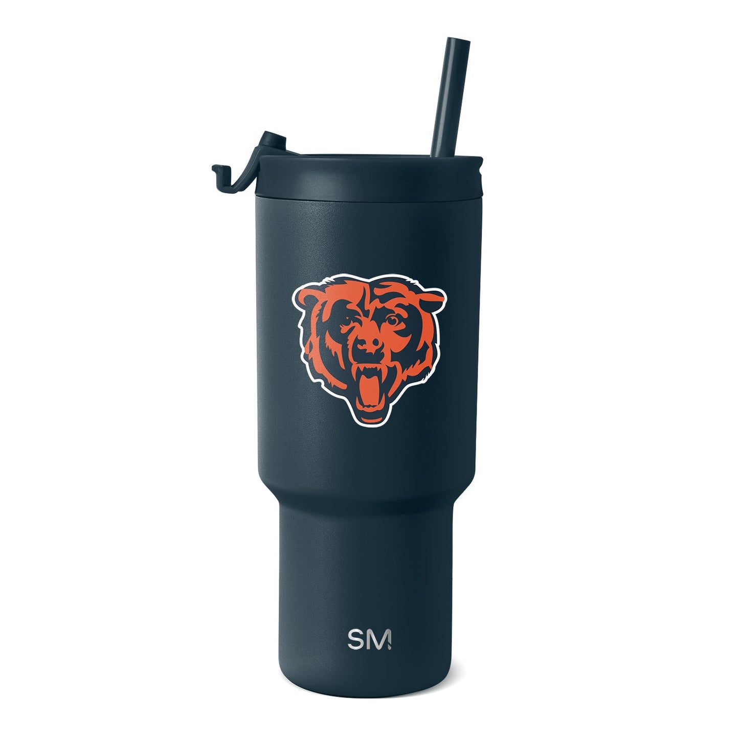 Dark navy tumbler with orange and white Chicago Bears logo and bear mascot design