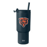Dark navy tumbler with orange and white Chicago Bears logo and bear mascot design