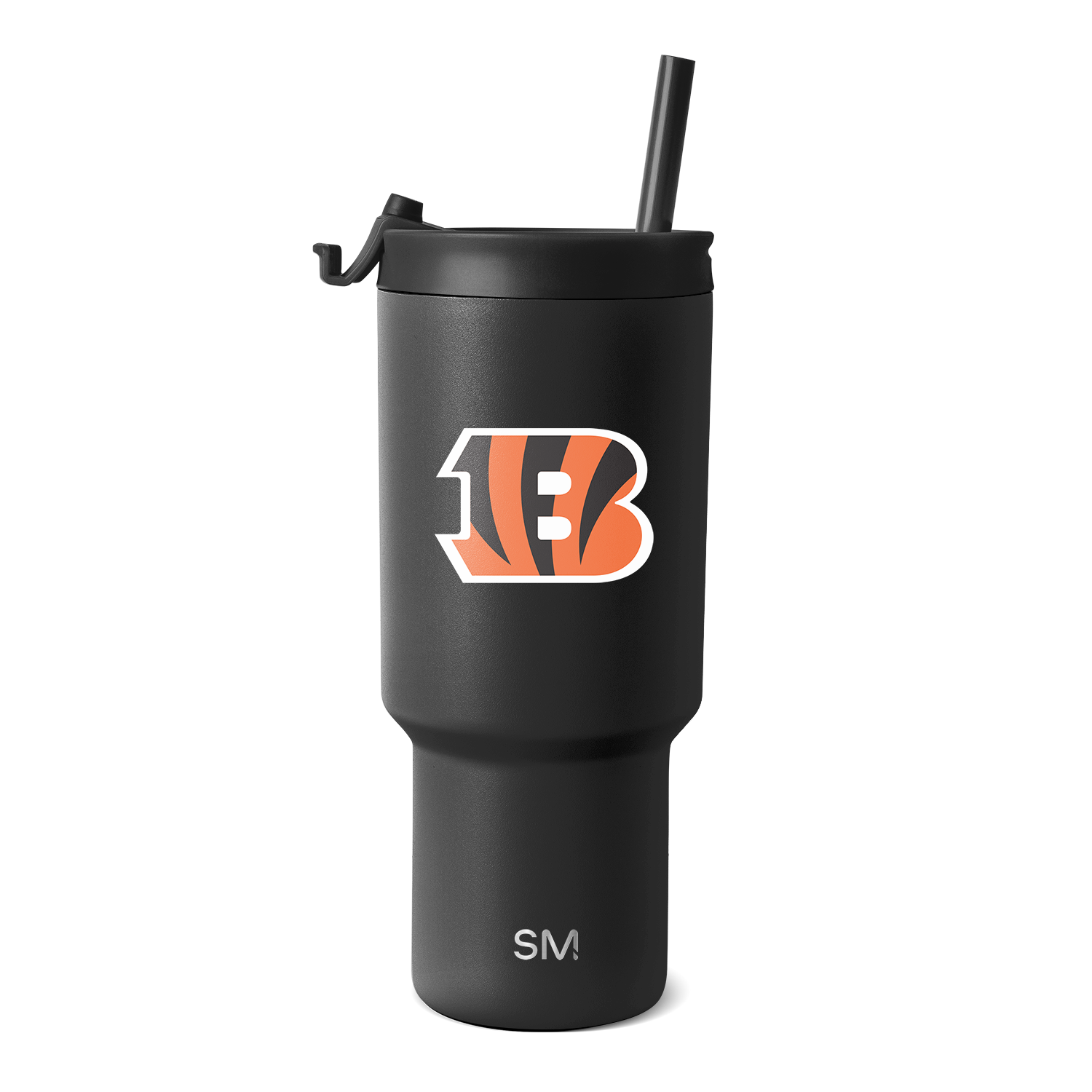Matte black tumbler with orange and white accents on white background